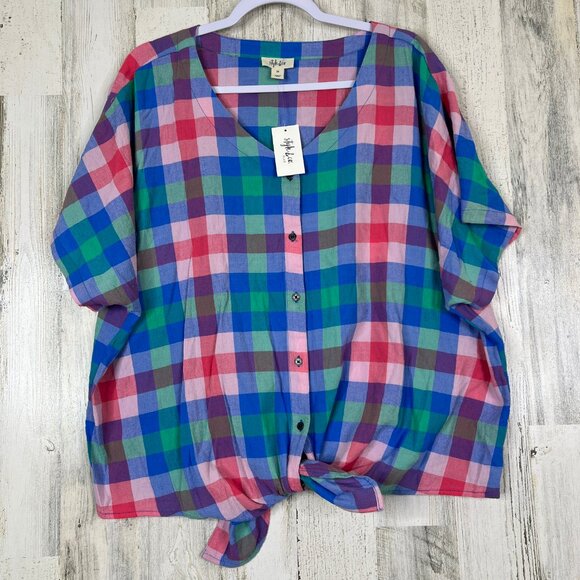 NWT Style&Co Plus 2X Plaid Button Down Shirt Multicolor Short Sleeve Casual Top - Picture 1 of 10